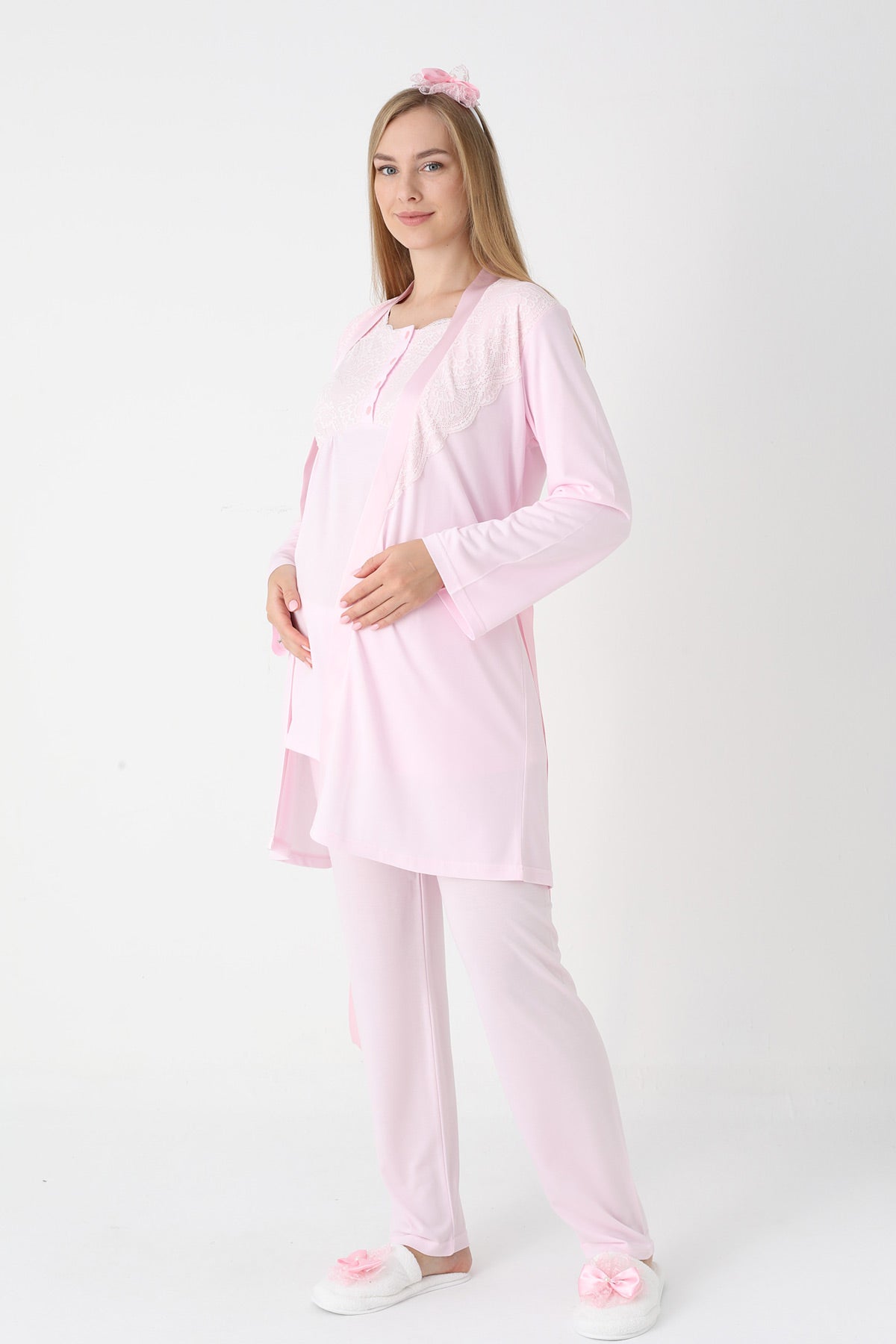Lace Collar 3-Piece Maternity-Nursing Pajama & Robe Set Pink - 3445