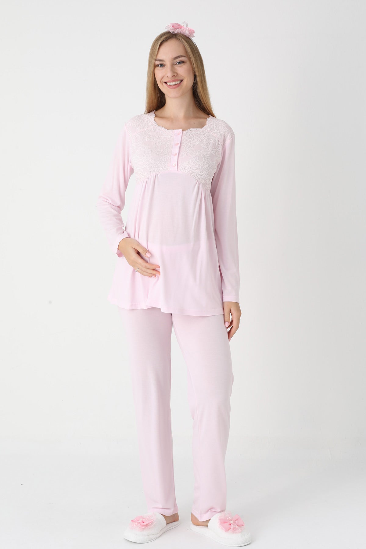 Lace Collar 3-Piece Maternity-Nursing Pajama & Robe Set Pink - 3445