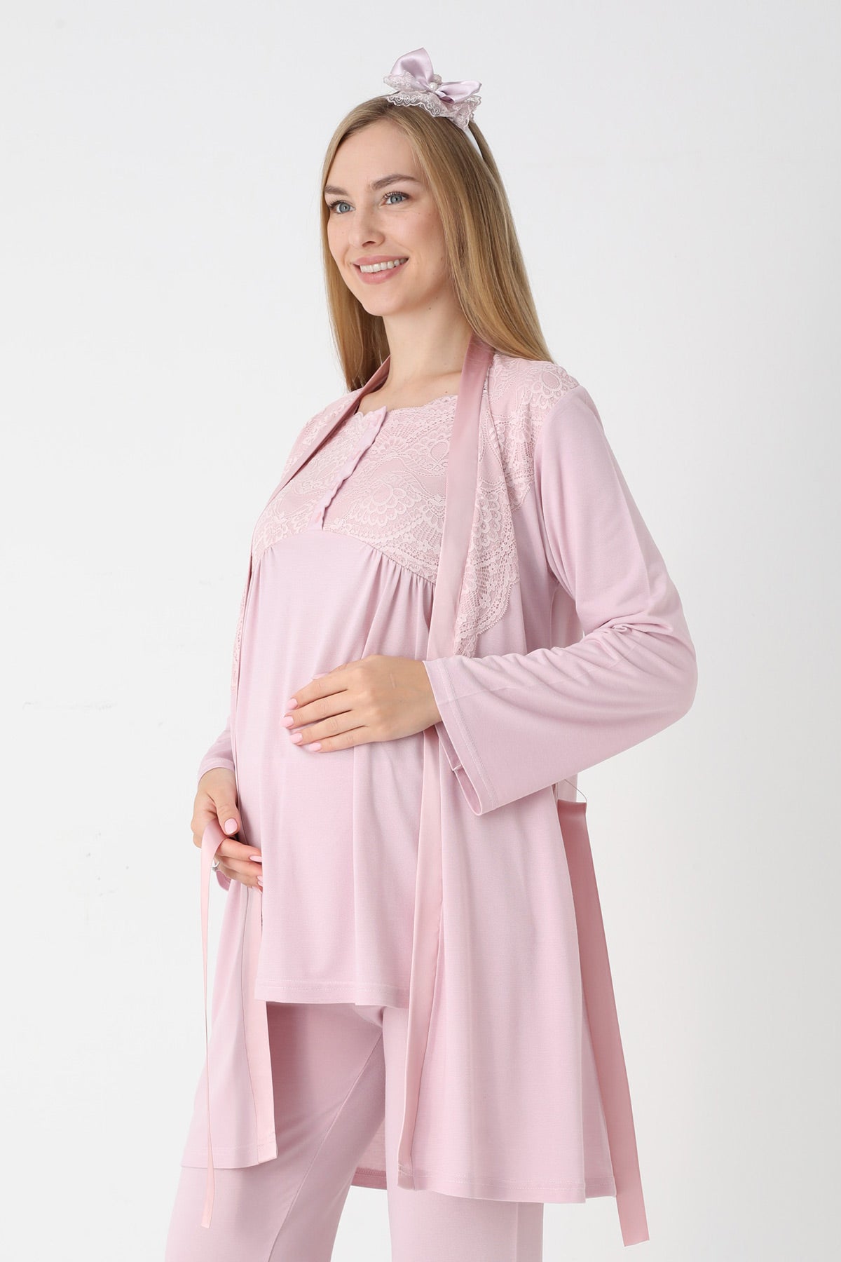 Lace Collar 3-Piece Maternity-Nursing Pajama & Robe Set Powder - 3445