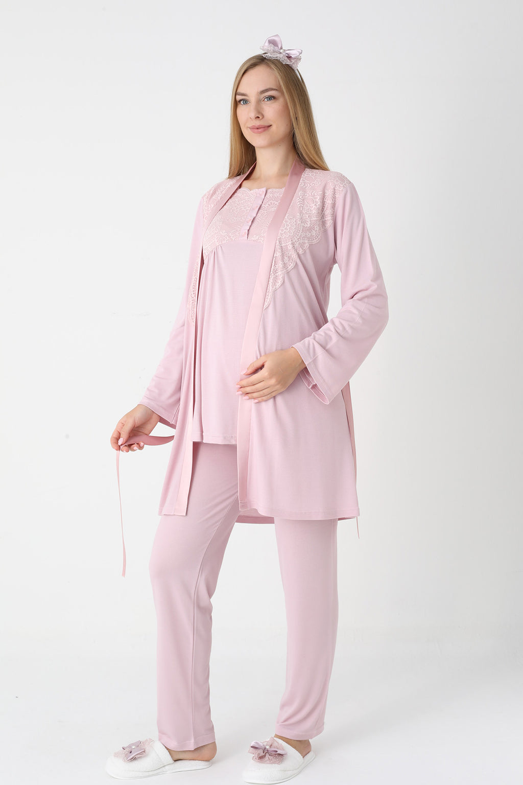 Lace Collar 3-Piece Maternity-Nursing Pajama & Robe Set Powder - 3445