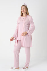 Lace Collar 3-Piece Maternity-Nursing Pajama & Robe Set Powder - 3445