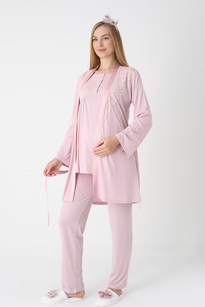 Lace Collar 3-Piece Maternity-Nursing Pajama & Robe Set Powder - 3445
