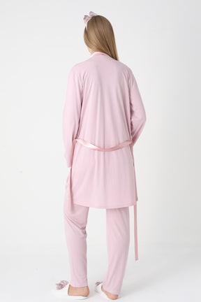 Lace Collar 3-Piece Maternity-Nursing Pajama & Robe Set Powder - 3445