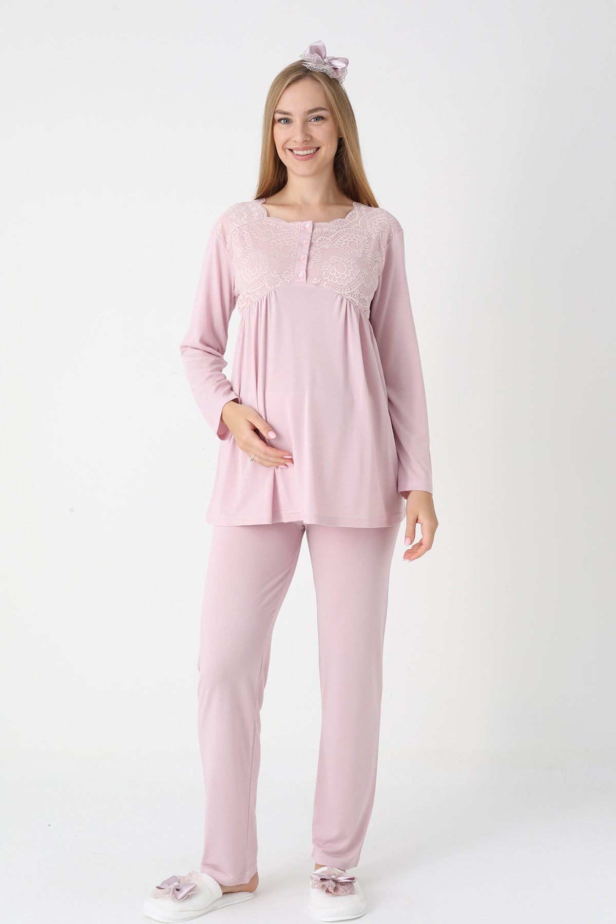 Lace Collar 3-Piece Maternity-Nursing Pajama & Robe Set Powder - 3445