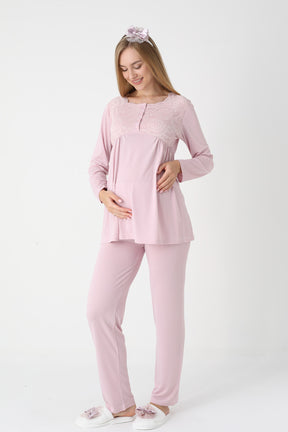 Lace Collar 3-Piece Maternity-Nursing Pajama & Robe Set Powder - 3445