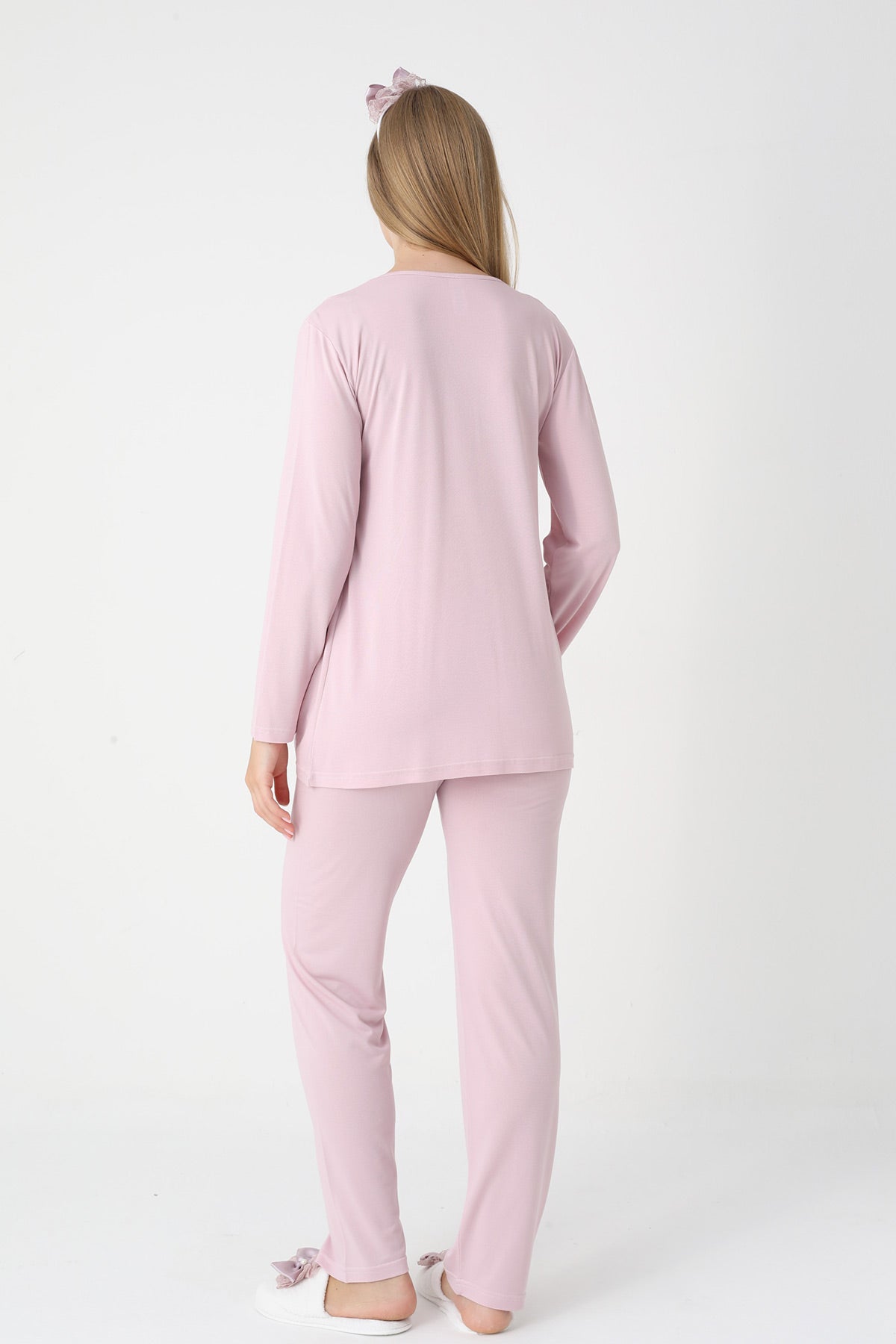 Lace Collar 3-Piece Maternity-Nursing Pajama & Robe Set Powder - 3445