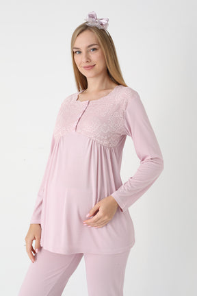 Lace Collar 3-Piece Maternity-Nursing Pajama & Robe Set Powder - 3445