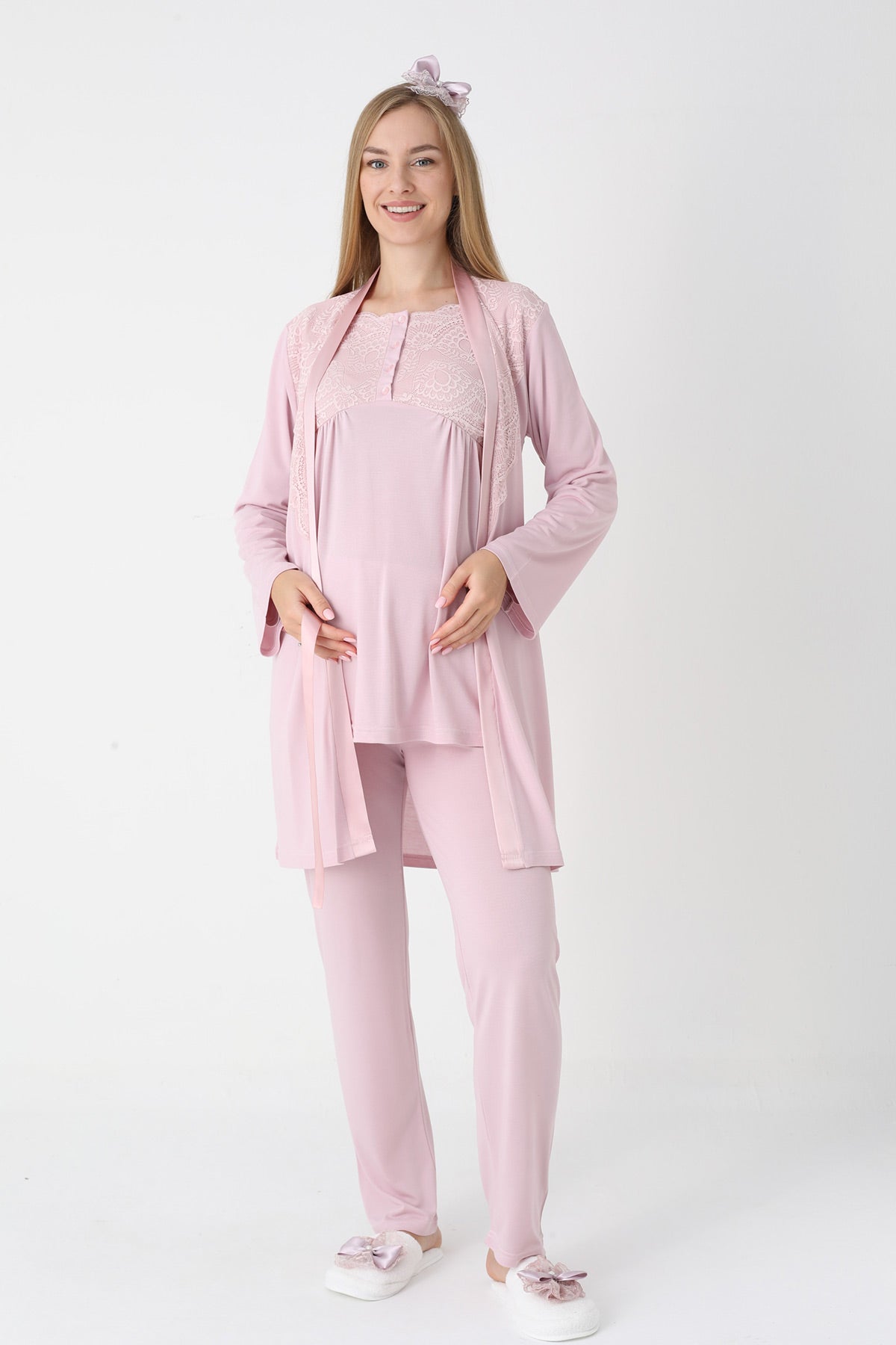 Lace Collar 3-Piece Maternity-Nursing Pajama & Robe Set Powder - 3445