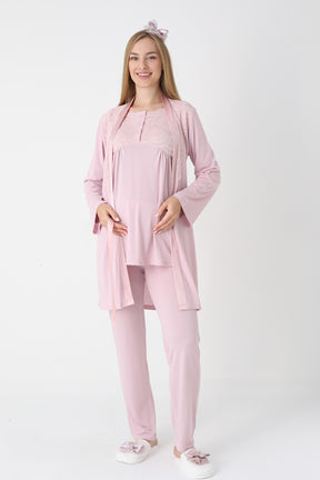 Lace Collar 3-Piece Maternity-Nursing Pajama & Robe Set Powder - 3445