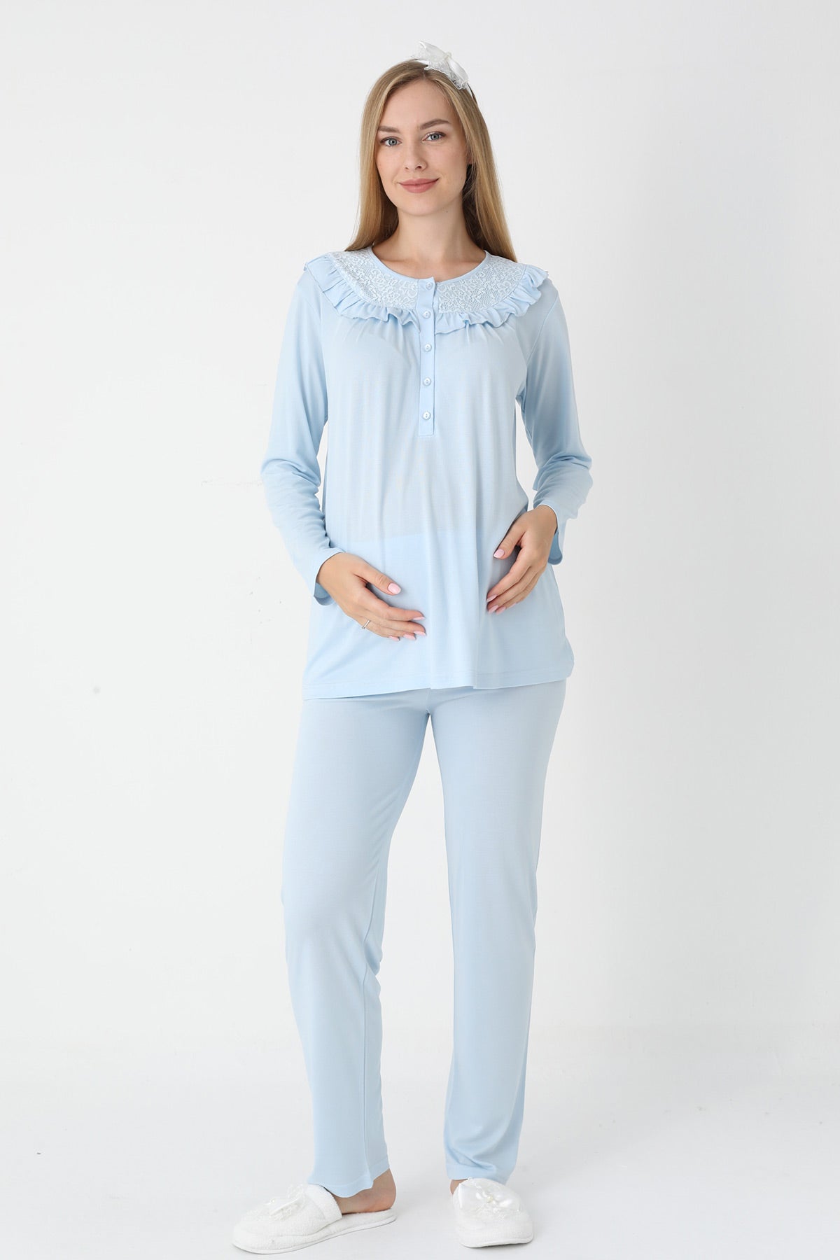 Lace Collar 3-Piece Maternity-Nursing Pajama & Lace Sleeve Robe Set Blue - 3446