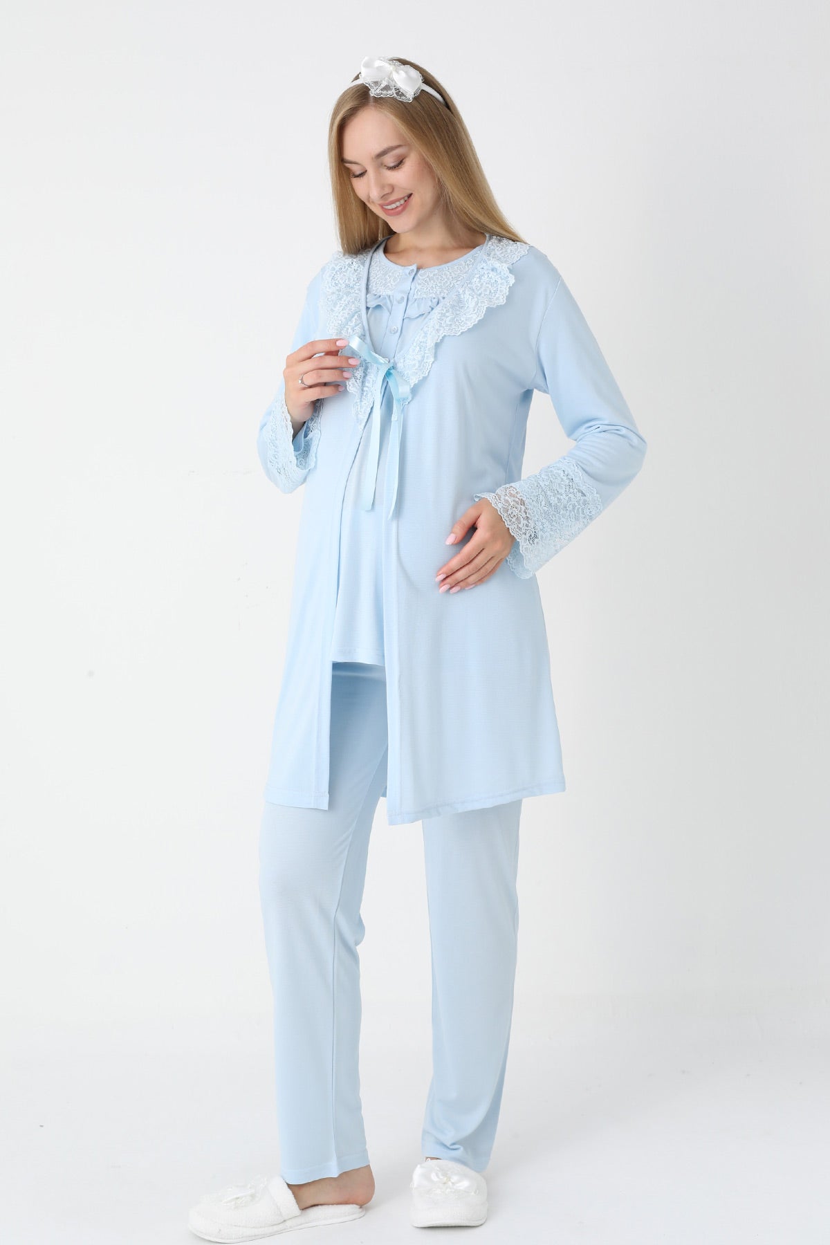 Lace Collar 3-Piece Maternity-Nursing Pajama & Lace Sleeve Robe Set Blue - 3446