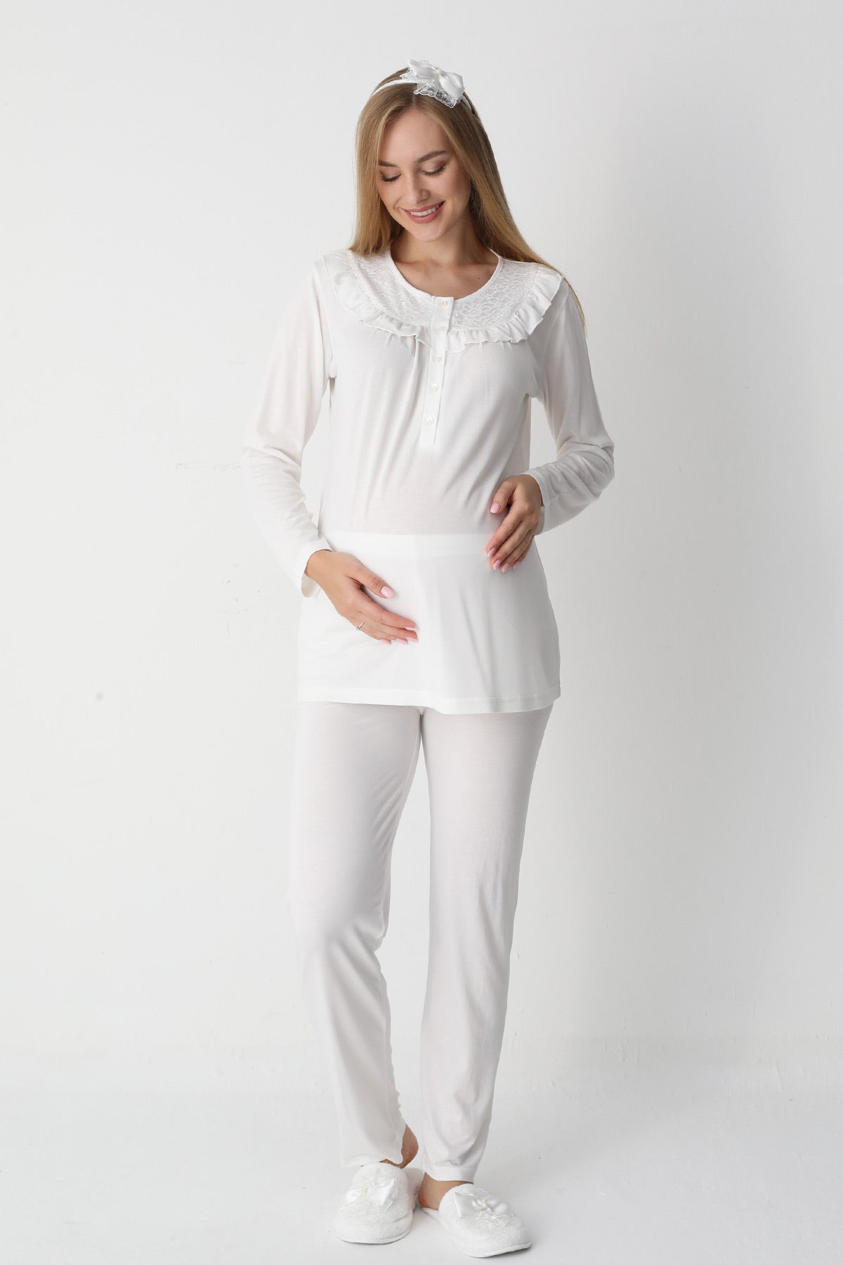 Lace Collar 3-Piece Maternity-Nursing Pajama & Lace Sleeve Robe Set Ecru - 3446