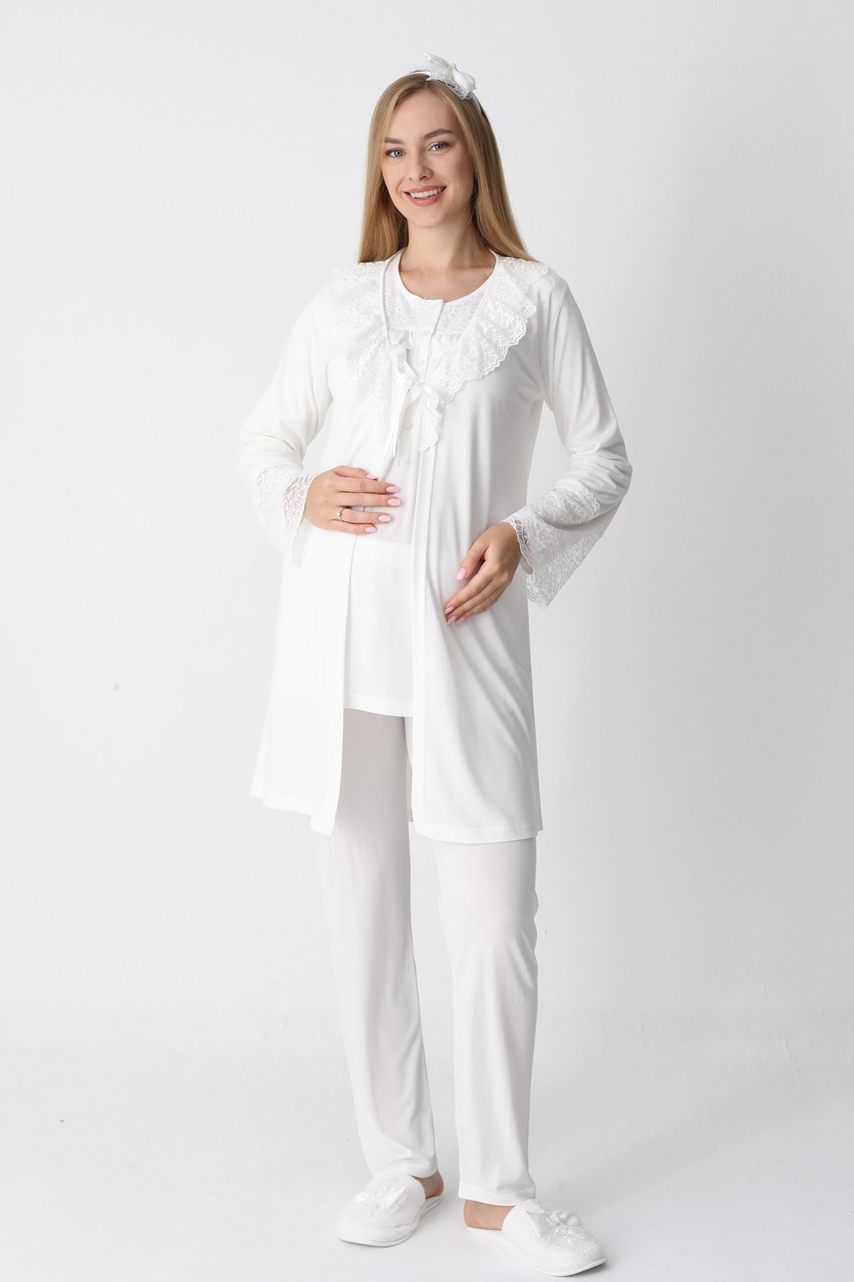 Lace Collar 3-Piece Maternity-Nursing Pajama & Lace Sleeve Robe Set Ecru - 3446