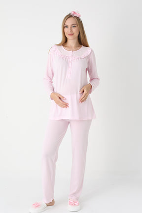 Lace Collar 3-Piece Maternity-Nursing Pajama & Lace Sleeve Robe Set Pink - 3446