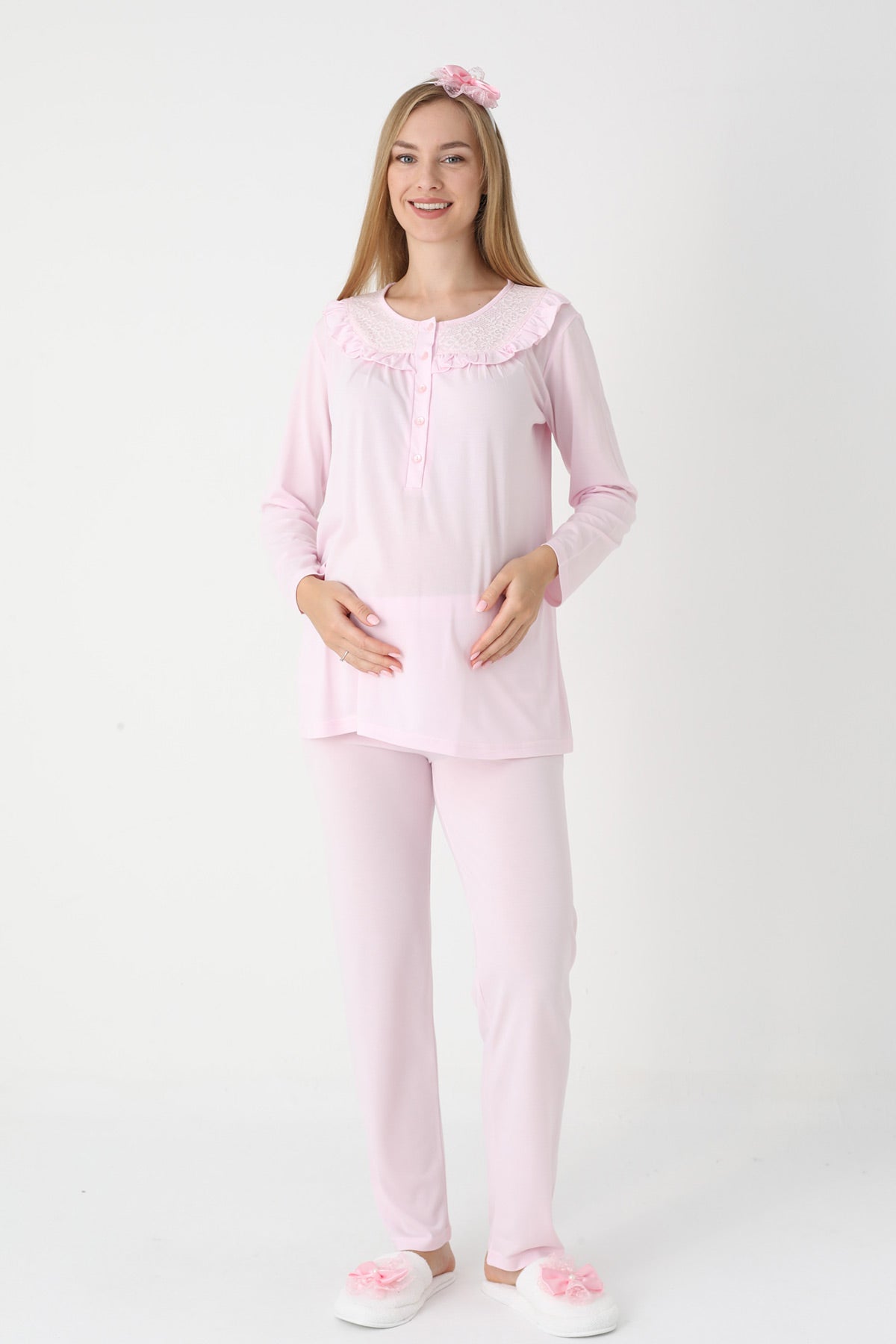 Lace Collar 3-Piece Maternity-Nursing Pajama & Lace Sleeve Robe Set Pink - 3446