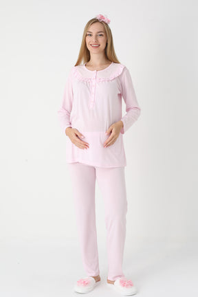 Lace Collar 3-Piece Maternity-Nursing Pajama & Lace Sleeve Robe Set Pink - 3446