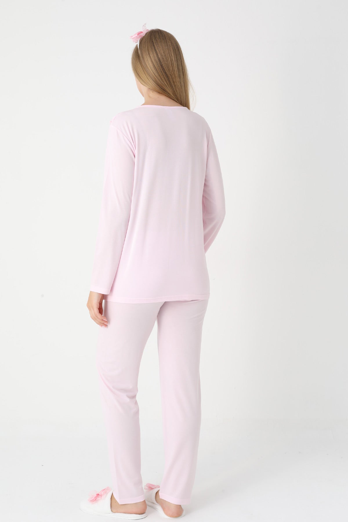 Lace Collar 3-Piece Maternity-Nursing Pajama & Lace Sleeve Robe Set Pink - 3446