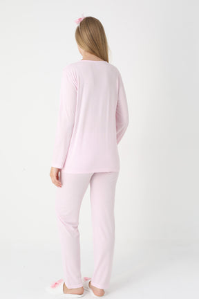 Lace Collar 3-Piece Maternity-Nursing Pajama & Lace Sleeve Robe Set Pink - 3446