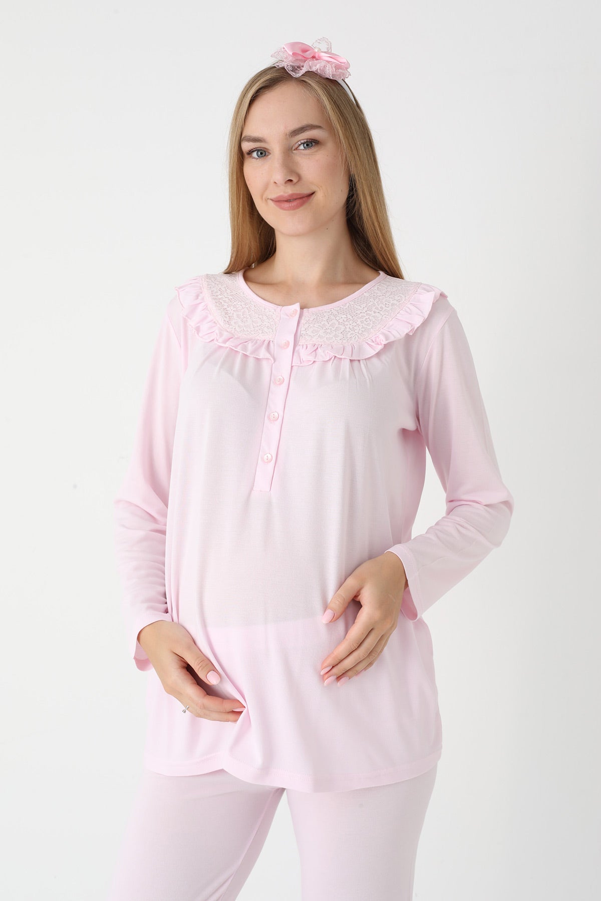 Lace Collar 3-Piece Maternity-Nursing Pajama & Lace Sleeve Robe Set Pink - 3446