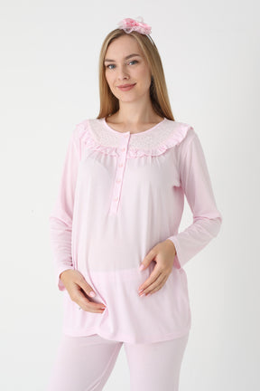 Lace Collar 3-Piece Maternity-Nursing Pajama & Lace Sleeve Robe Set Pink - 3446