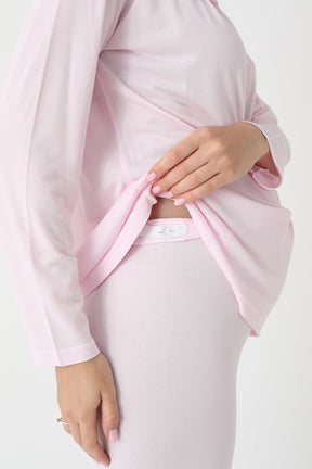 Lace Collar 3-Piece Maternity-Nursing Pajama & Lace Sleeve Robe Set Pink - 3446