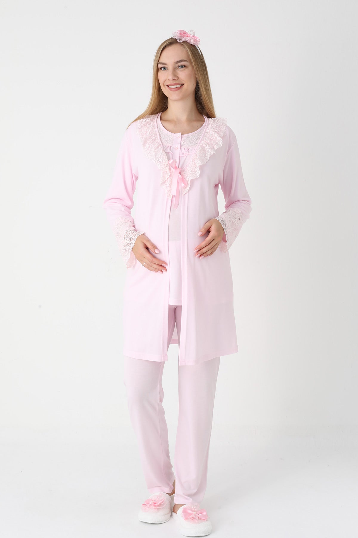 Lace Collar 3-Piece Maternity-Nursing Pajama & Lace Sleeve Robe Set Pink - 3446