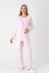 Lace Collar 3-Piece Maternity-Nursing Pajama & Lace Sleeve Robe Set Pink - 3446