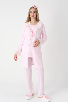 Lace Collar 3-Piece Maternity-Nursing Pajama & Lace Sleeve Robe Set Pink - 3446