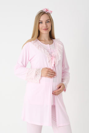 Lace Collar 3-Piece Maternity-Nursing Pajama & Lace Sleeve Robe Set Pink - 3446