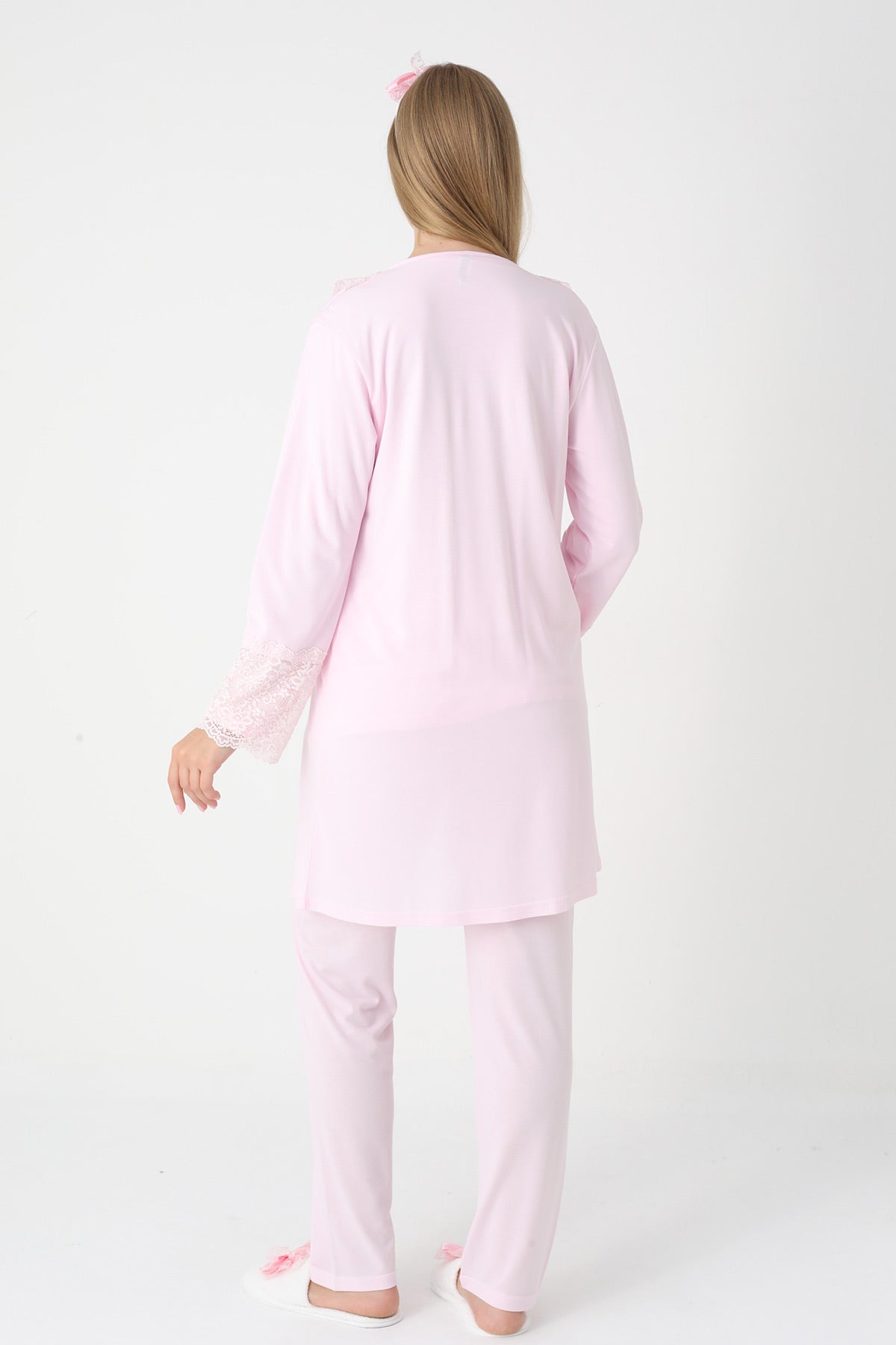Lace Collar 3-Piece Maternity-Nursing Pajama & Lace Sleeve Robe Set Pink - 3446