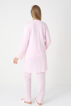 Lace Collar 3-Piece Maternity-Nursing Pajama & Lace Sleeve Robe Set Pink - 3446