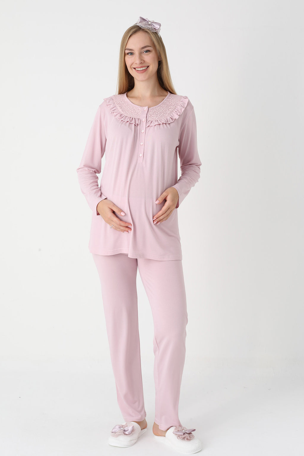 Lace Collar 3-Piece Maternity-Nursing Pajama & Lace Sleeve Robe Set Powder - 3446