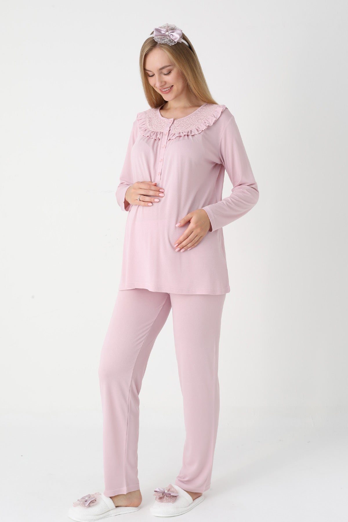 Lace Collar 3-Piece Maternity-Nursing Pajama & Lace Sleeve Robe Set Powder - 3446