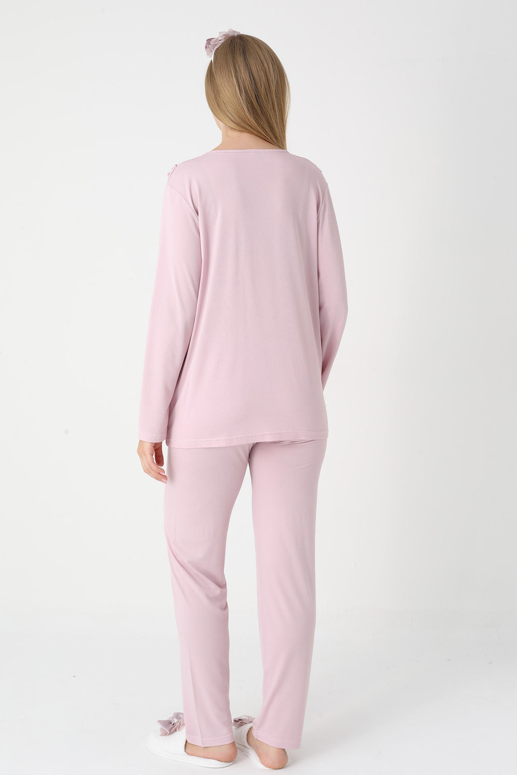 Lace Collar 3-Piece Maternity-Nursing Pajama & Lace Sleeve Robe Set Powder - 3446