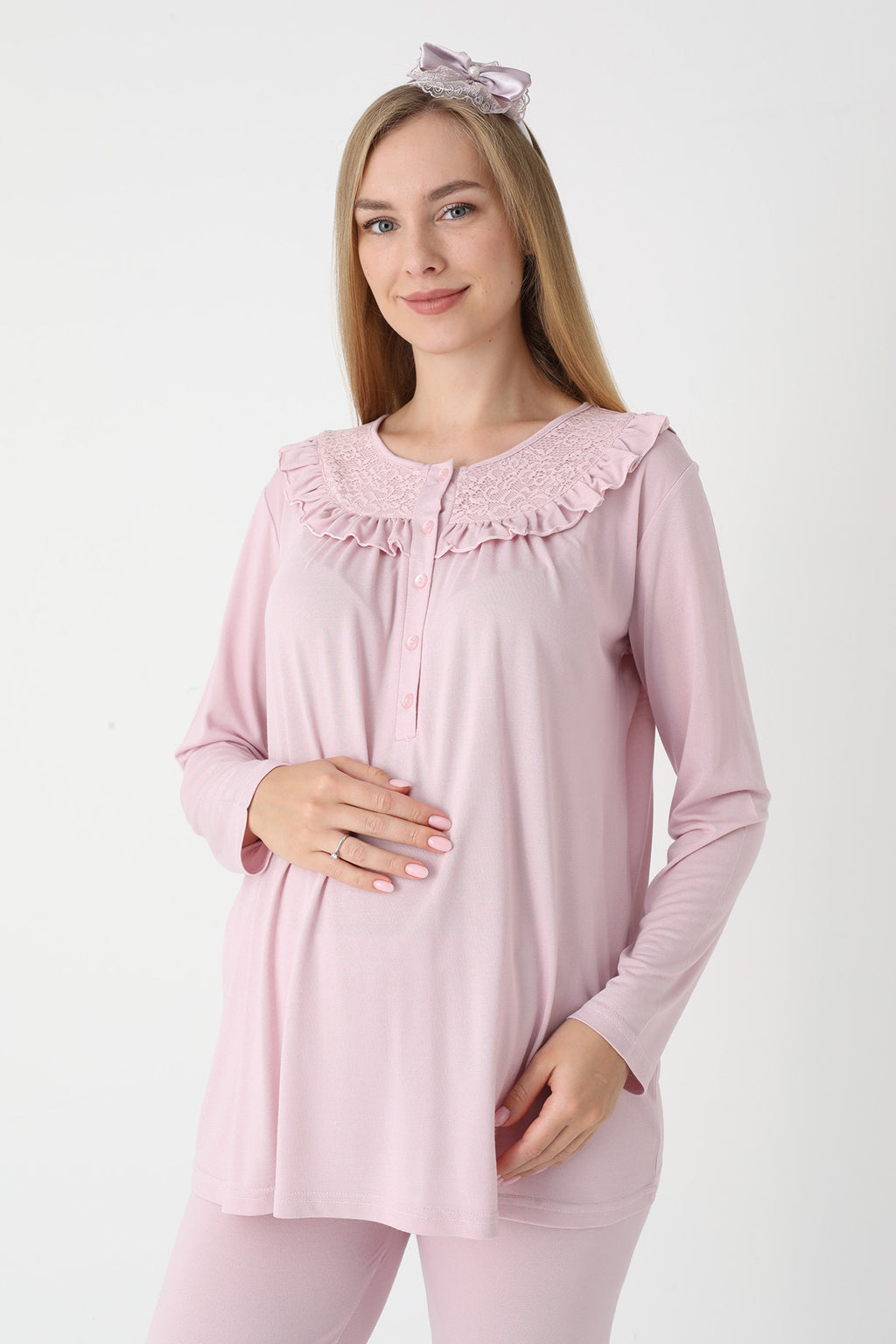 Lace Collar 3-Piece Maternity-Nursing Pajama & Lace Sleeve Robe Set Powder - 3446