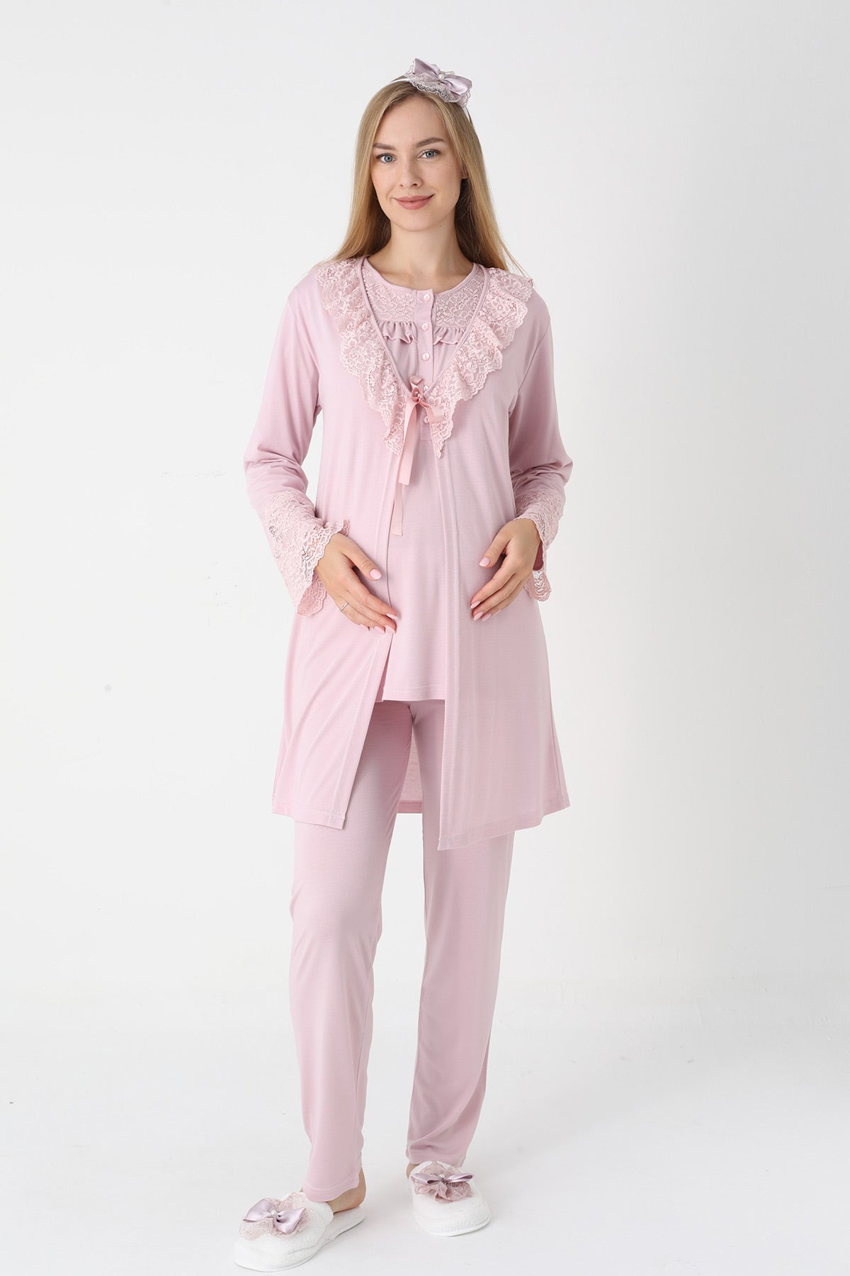 Lace Collar 3-Piece Maternity-Nursing Pajama & Lace Sleeve Robe Set Powder - 3446