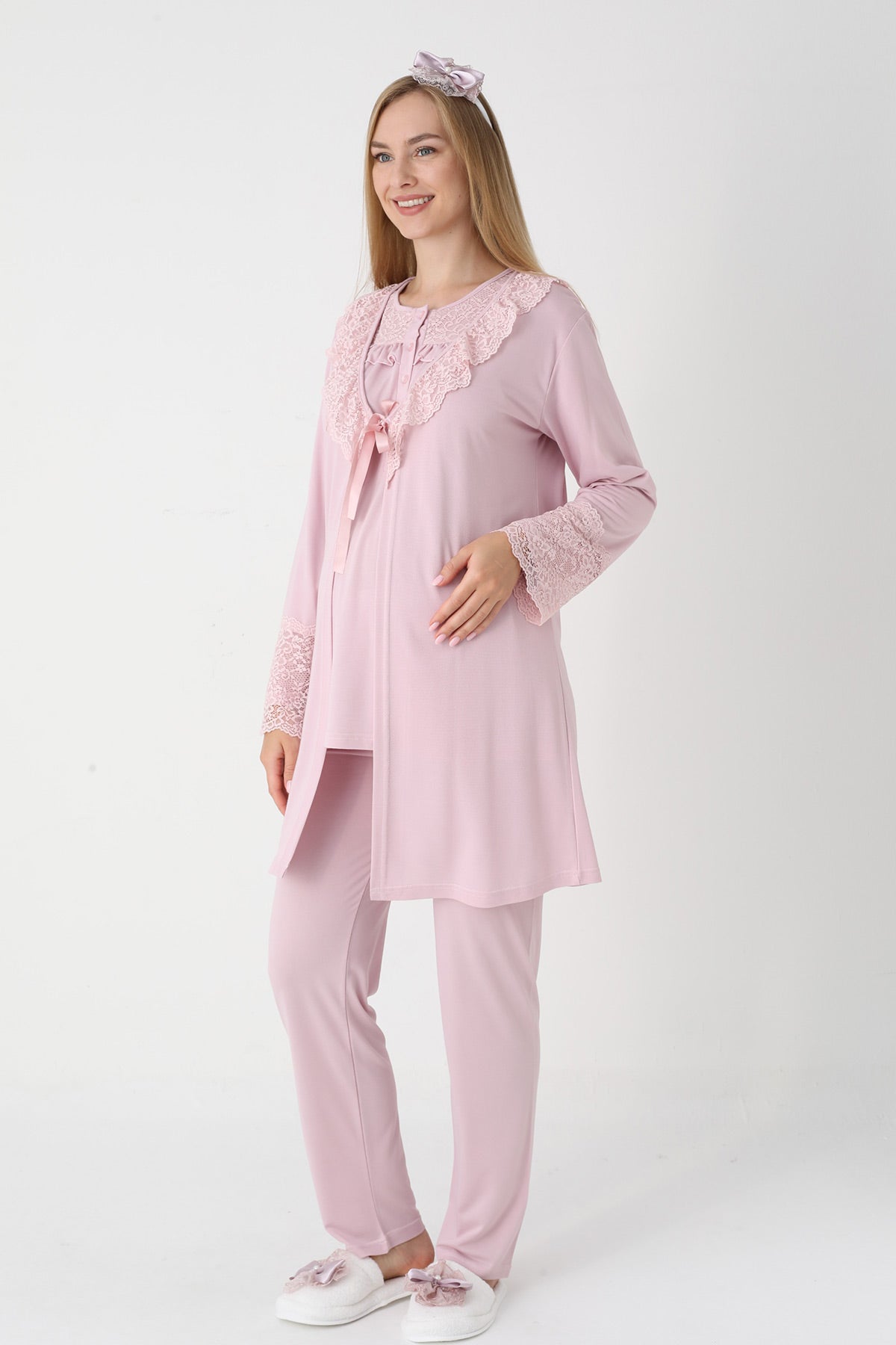 Lace Collar 3-Piece Maternity-Nursing Pajama & Lace Sleeve Robe Set Powder - 3446