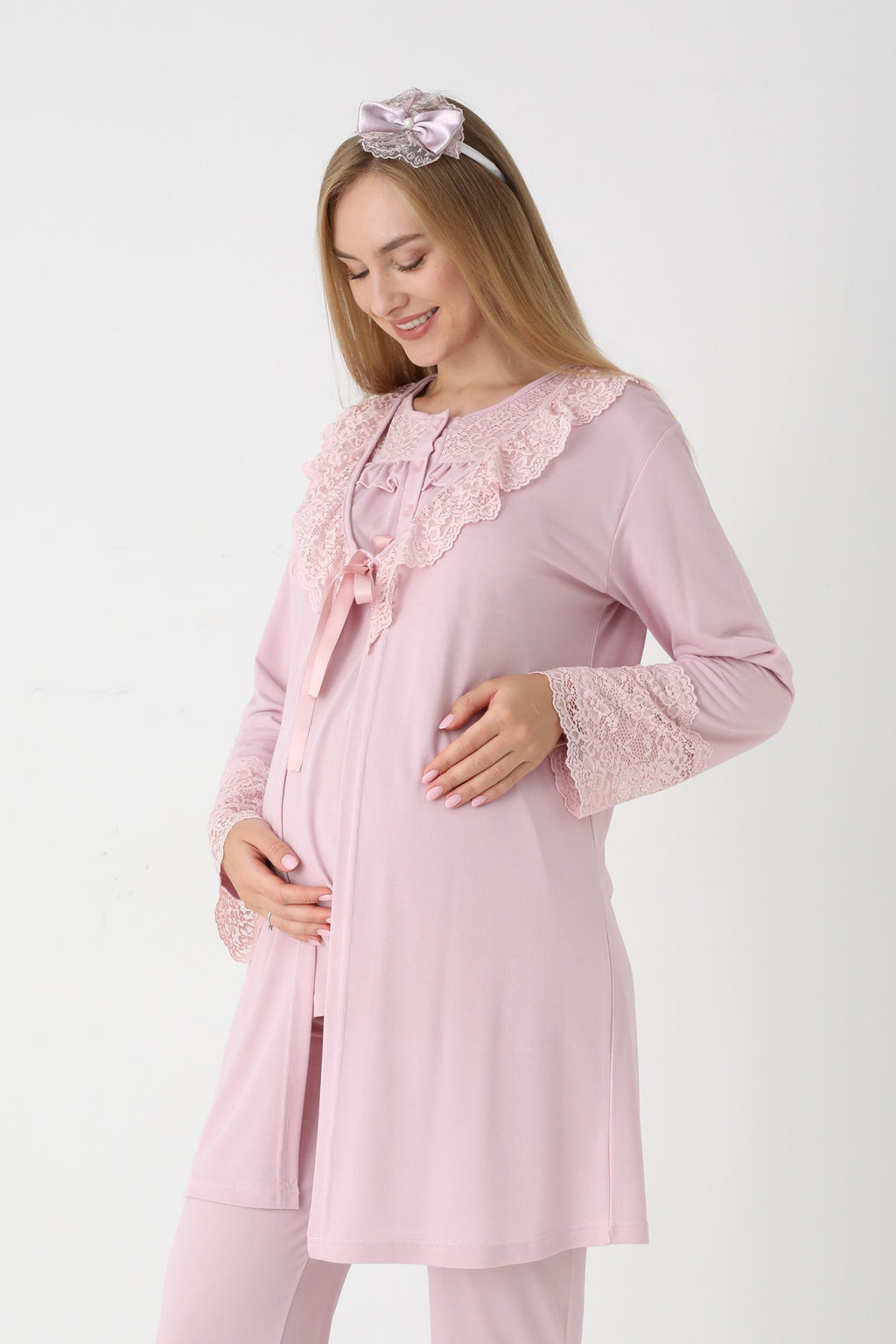 Lace Collar 3-Piece Maternity-Nursing Pajama & Lace Sleeve Robe Set Powder - 3446