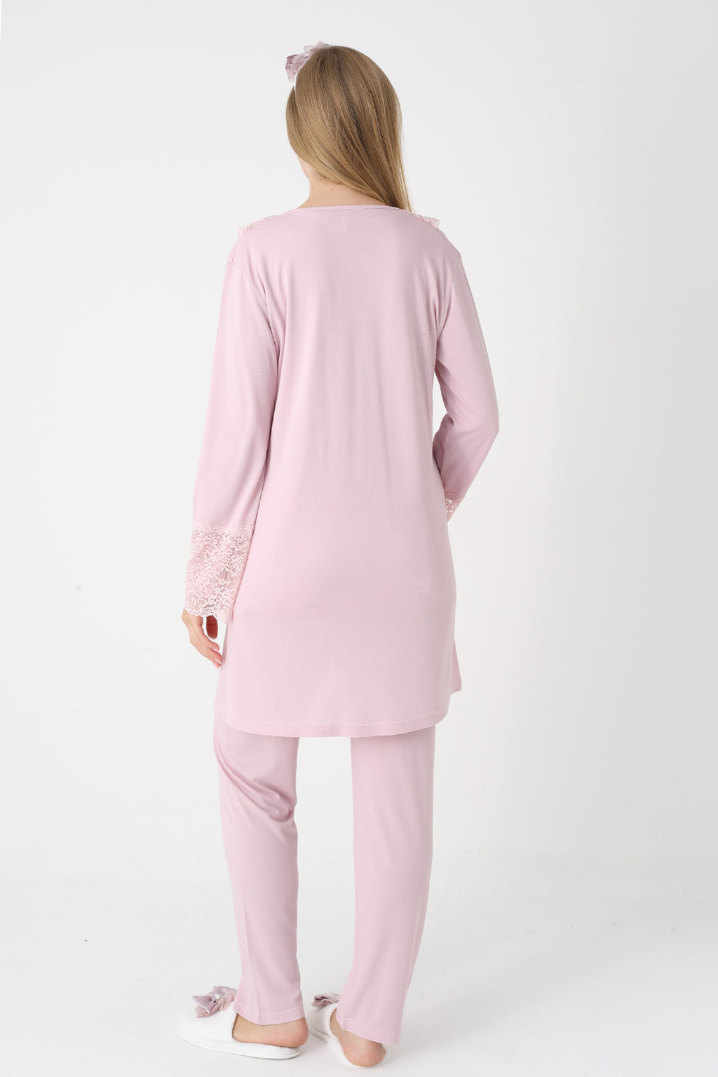 Lace Collar 3-Piece Maternity-Nursing Pajama & Lace Sleeve Robe Set Powder - 3446
