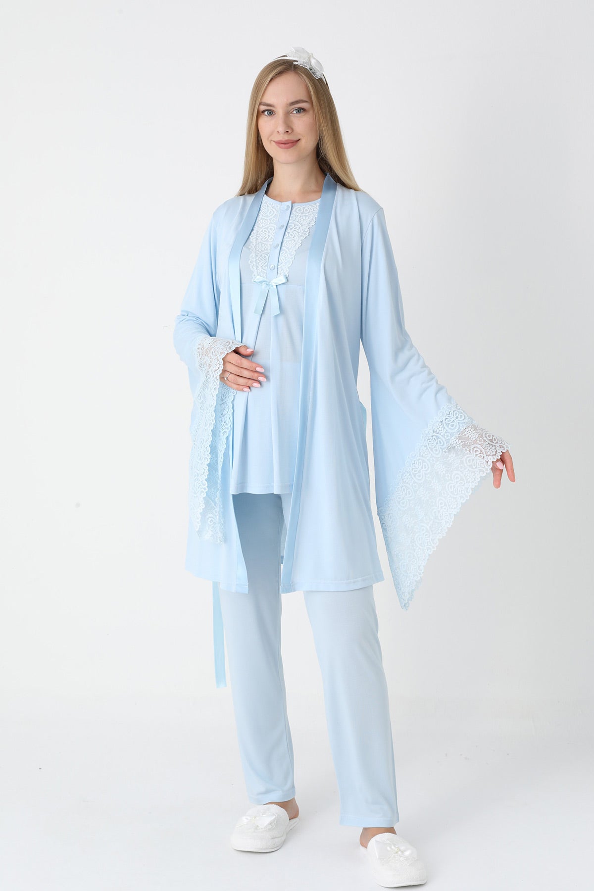 Lace Collar 3-Piece Maternity-Nursing Pajama & Flywheel Arm Robe Set Blue - 3448