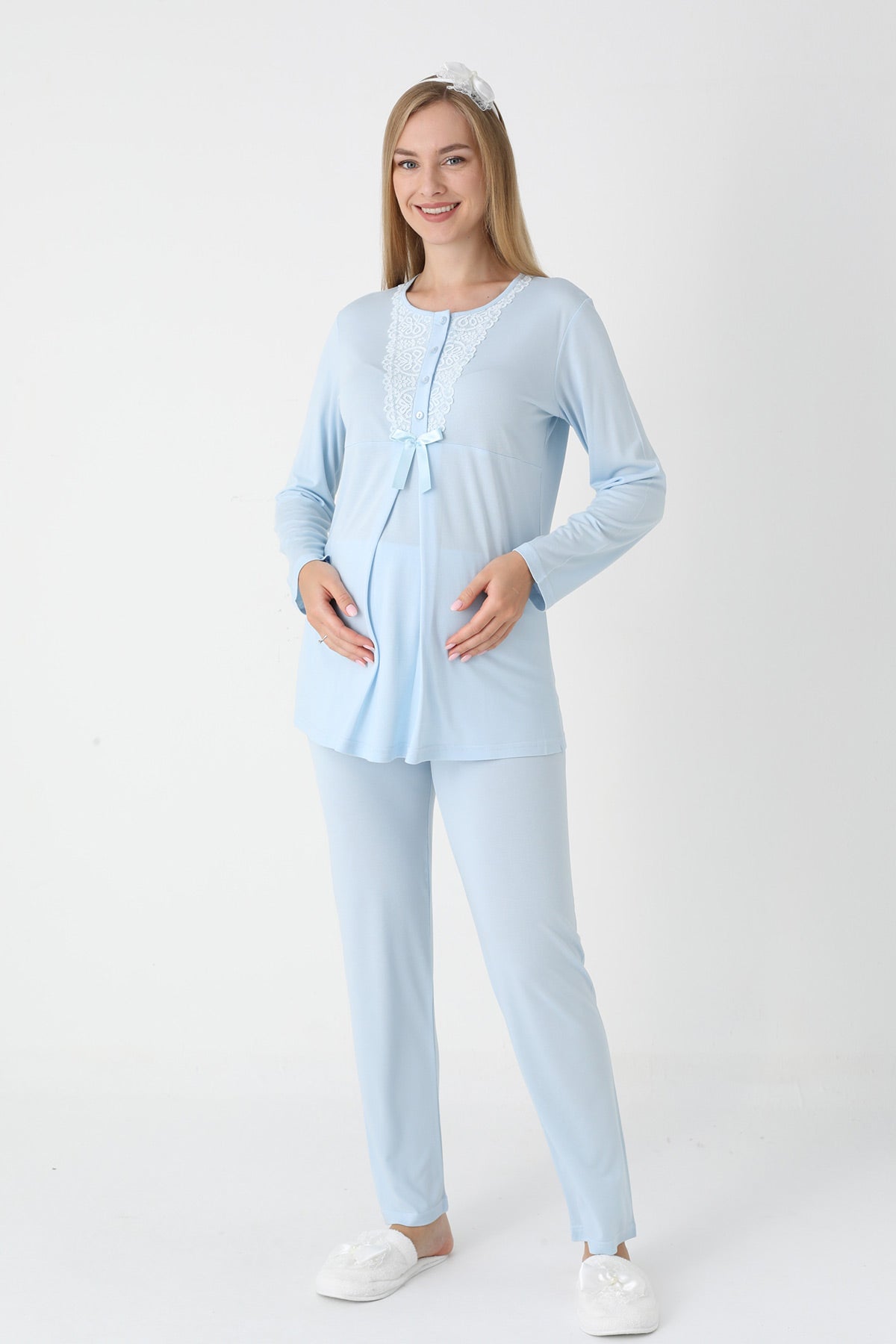 Lace Collar 3-Piece Maternity-Nursing Pajama & Flywheel Arm Robe Set Blue - 3448