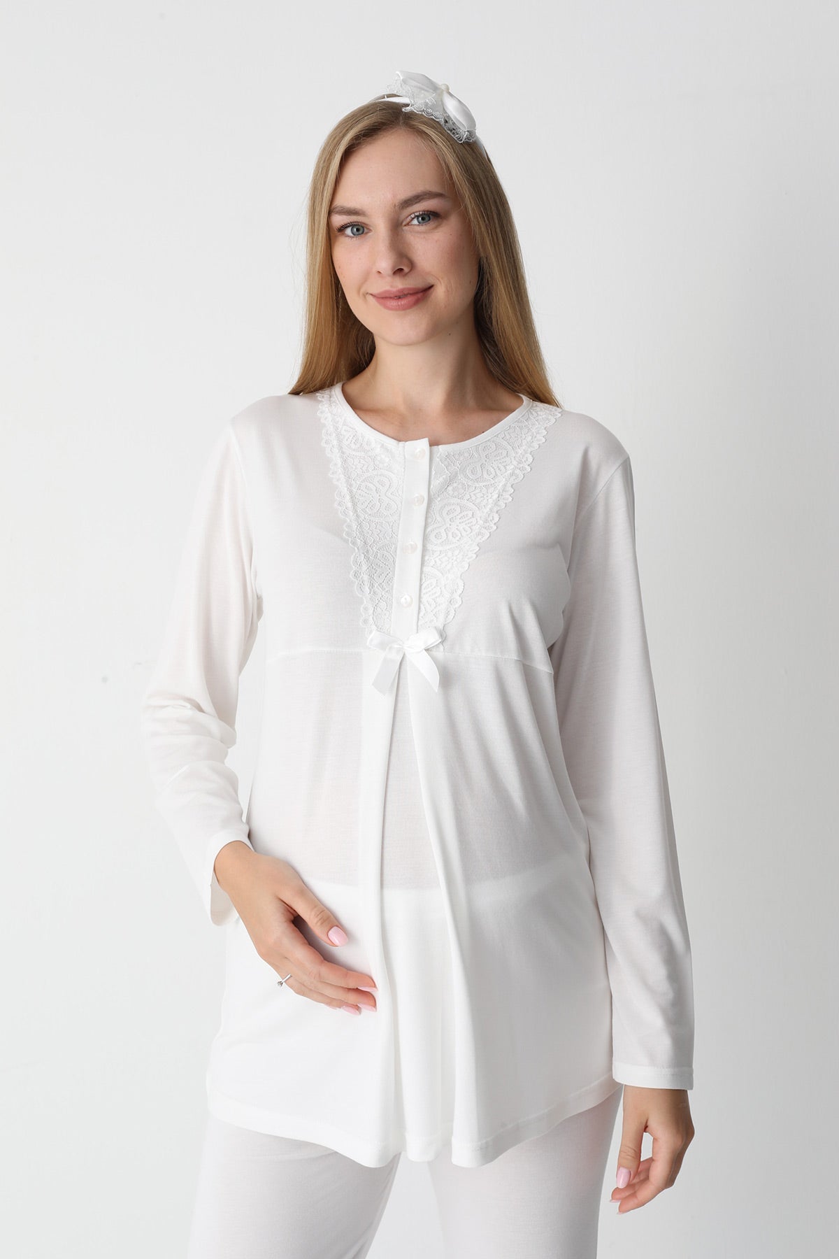 Lace Collar 3-Piece Maternity-Nursing Pajama & Flywheel Arm Robe Set Ecru - 3448