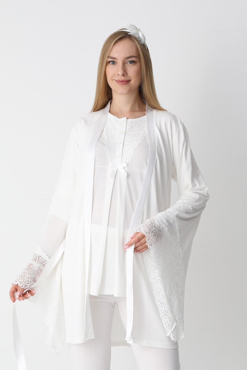 Lace Collar 3-Piece Maternity-Nursing Pajama & Flywheel Arm Robe Set Ecru - 3448