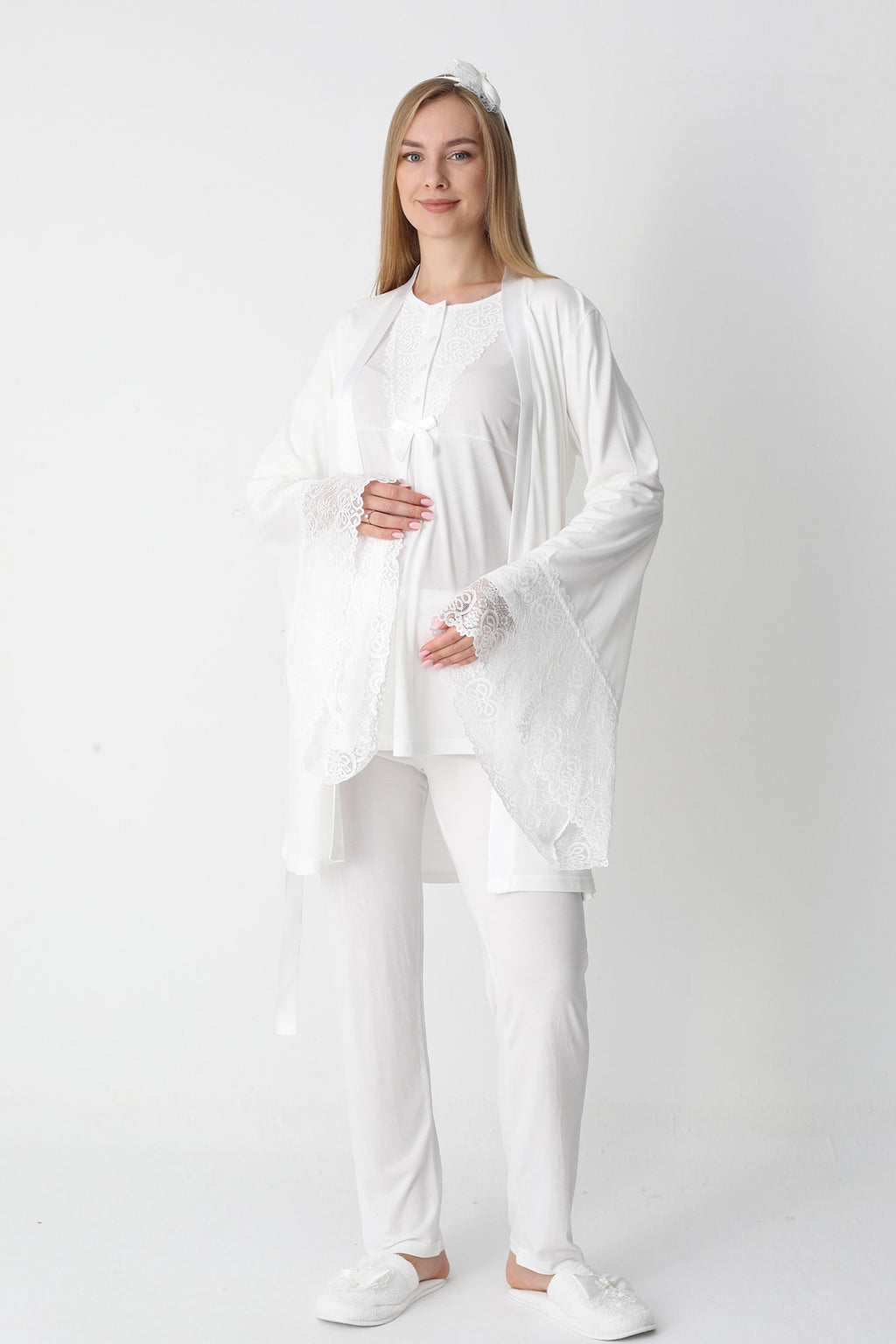 Lace Collar 3-Piece Maternity-Nursing Pajama & Flywheel Arm Robe Set Ecru - 3448