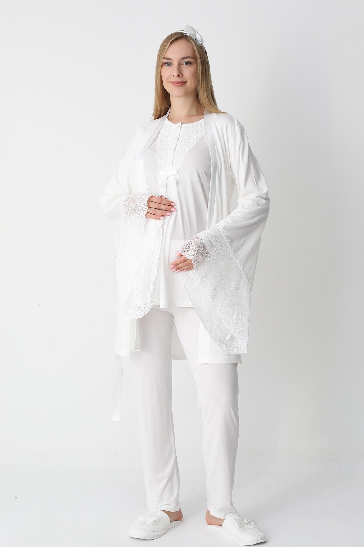 Lace Collar 3-Piece Maternity-Nursing Pajama & Flywheel Arm Robe Set Ecru - 3448