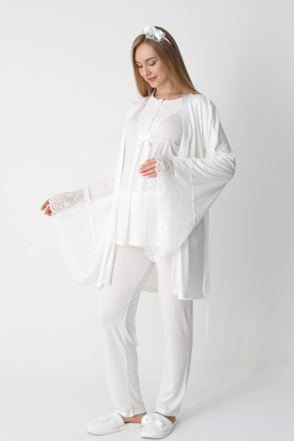 Lace Collar 3-Piece Maternity-Nursing Pajama & Flywheel Arm Robe Set Ecru - 3448
