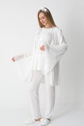 Lace Collar 3-Piece Maternity-Nursing Pajama & Flywheel Arm Robe Set Ecru - 3448