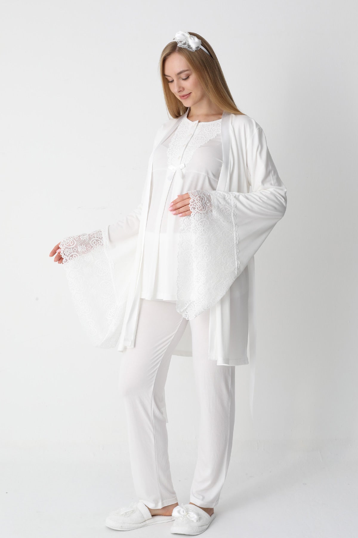 Lace Collar 3-Piece Maternity-Nursing Pajama & Flywheel Arm Robe Set Ecru - 3448