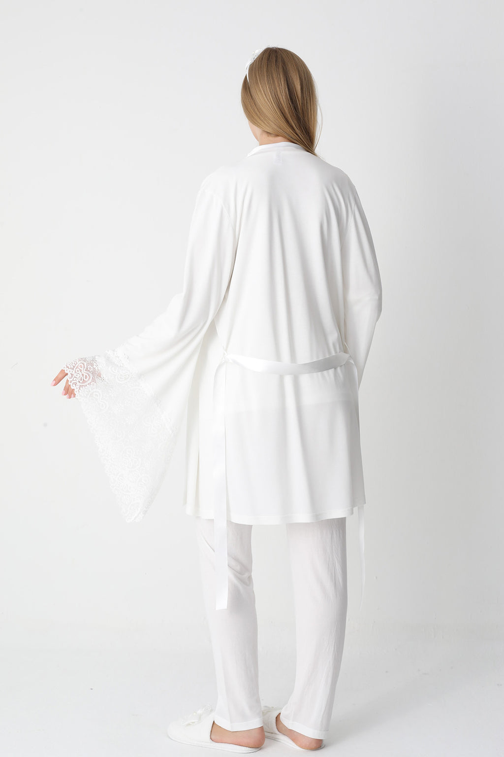 Lace Collar 3-Piece Maternity-Nursing Pajama & Flywheel Arm Robe Set Ecru - 3448