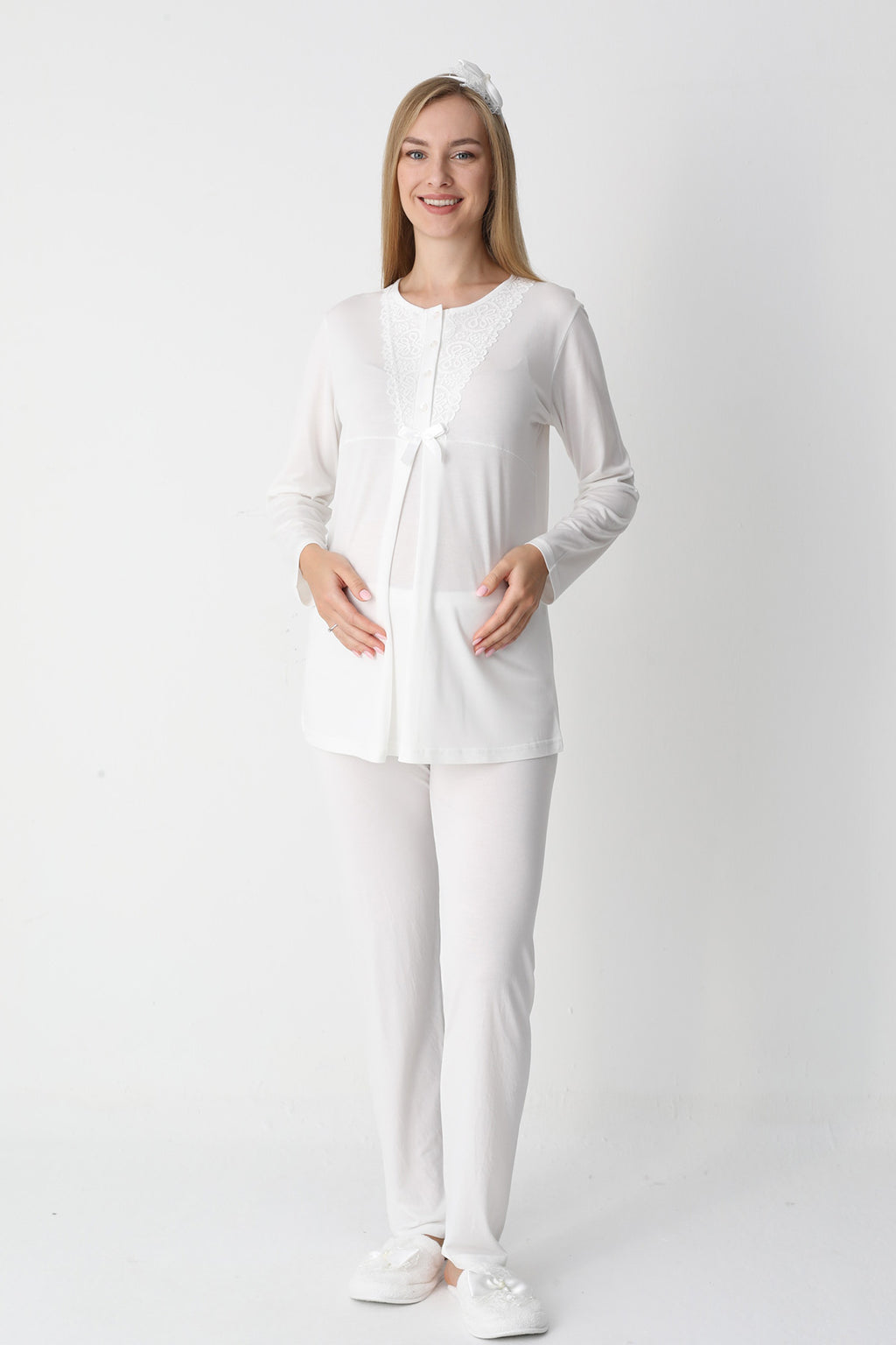 Lace Collar 3-Piece Maternity-Nursing Pajama & Flywheel Arm Robe Set Ecru - 3448